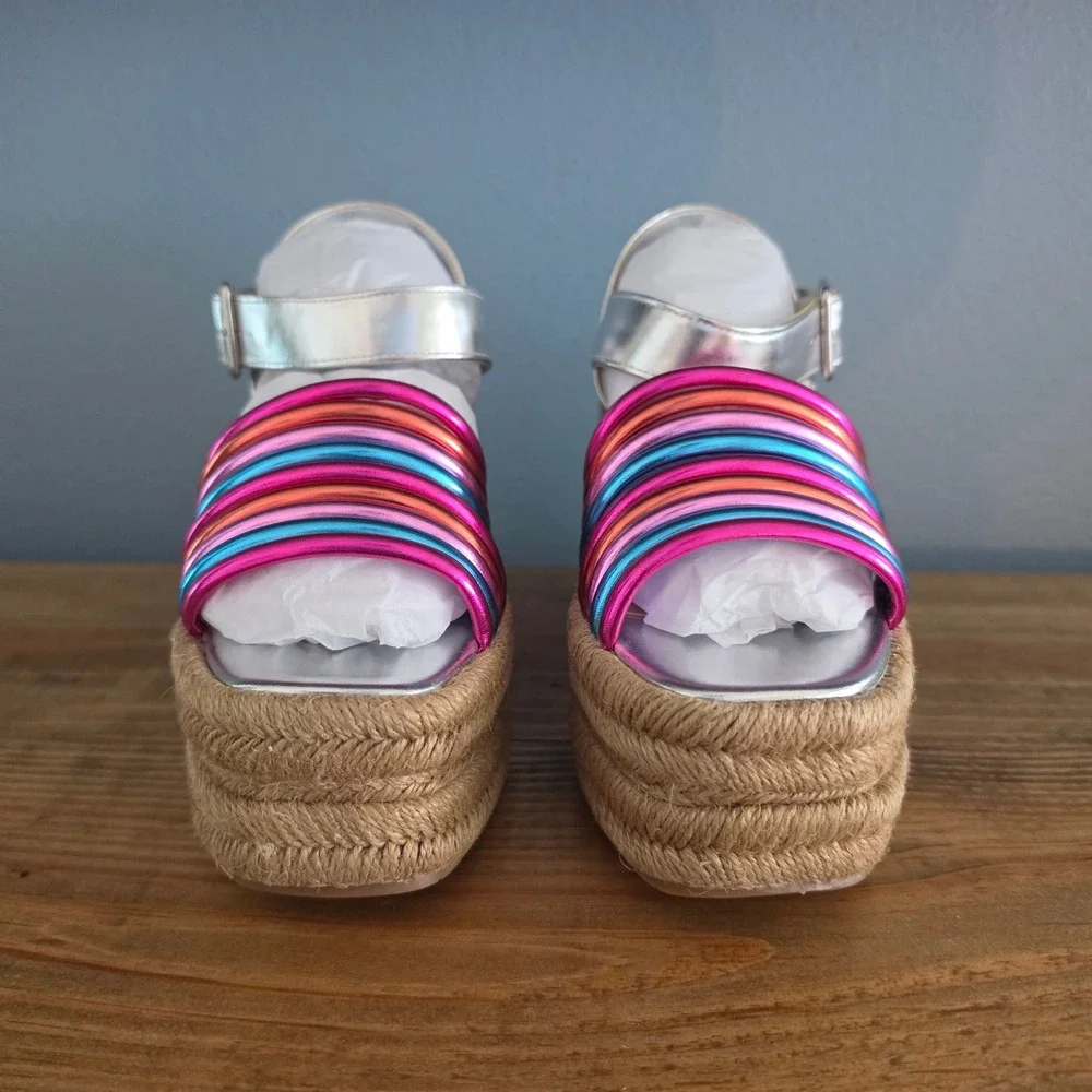 Kenneth Cole Womens Platform Wedge Sandals Silver Multi Metallic Espadrille 5.5M